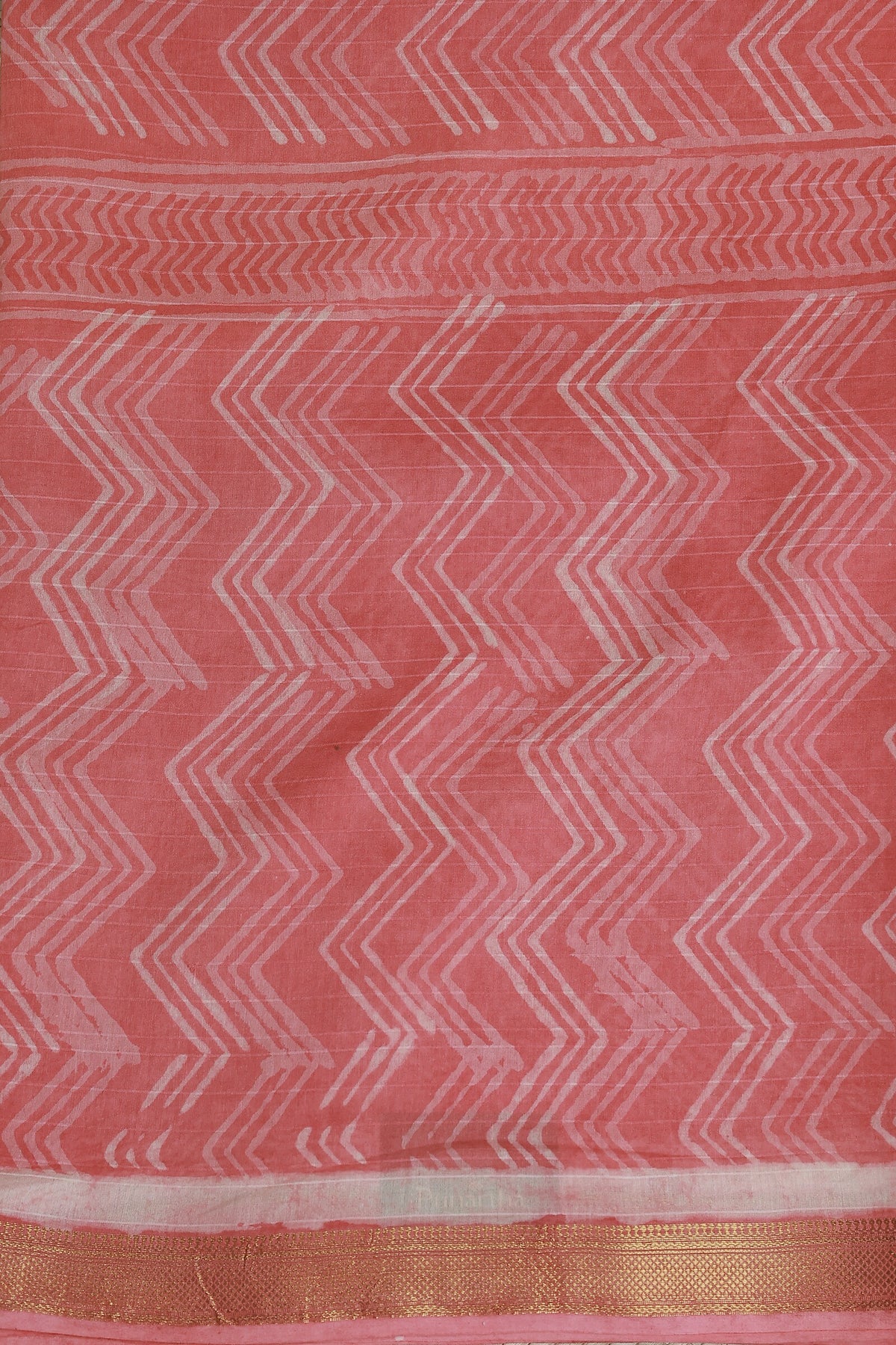 Pink And Off White Chanderi Handblock Print Saree With Zari Border, fabric detail