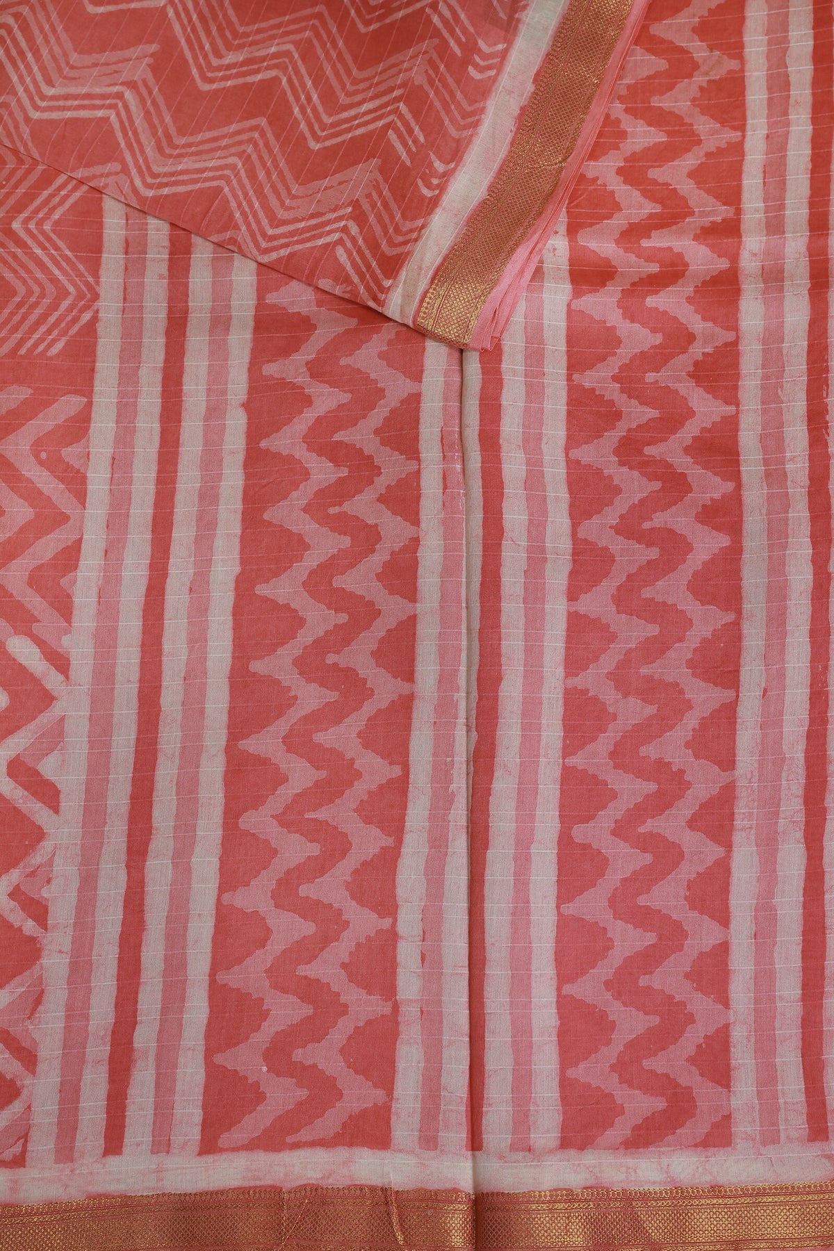 Pink And Off White Chanderi Handblock Print Saree With Zari Border, design view 3