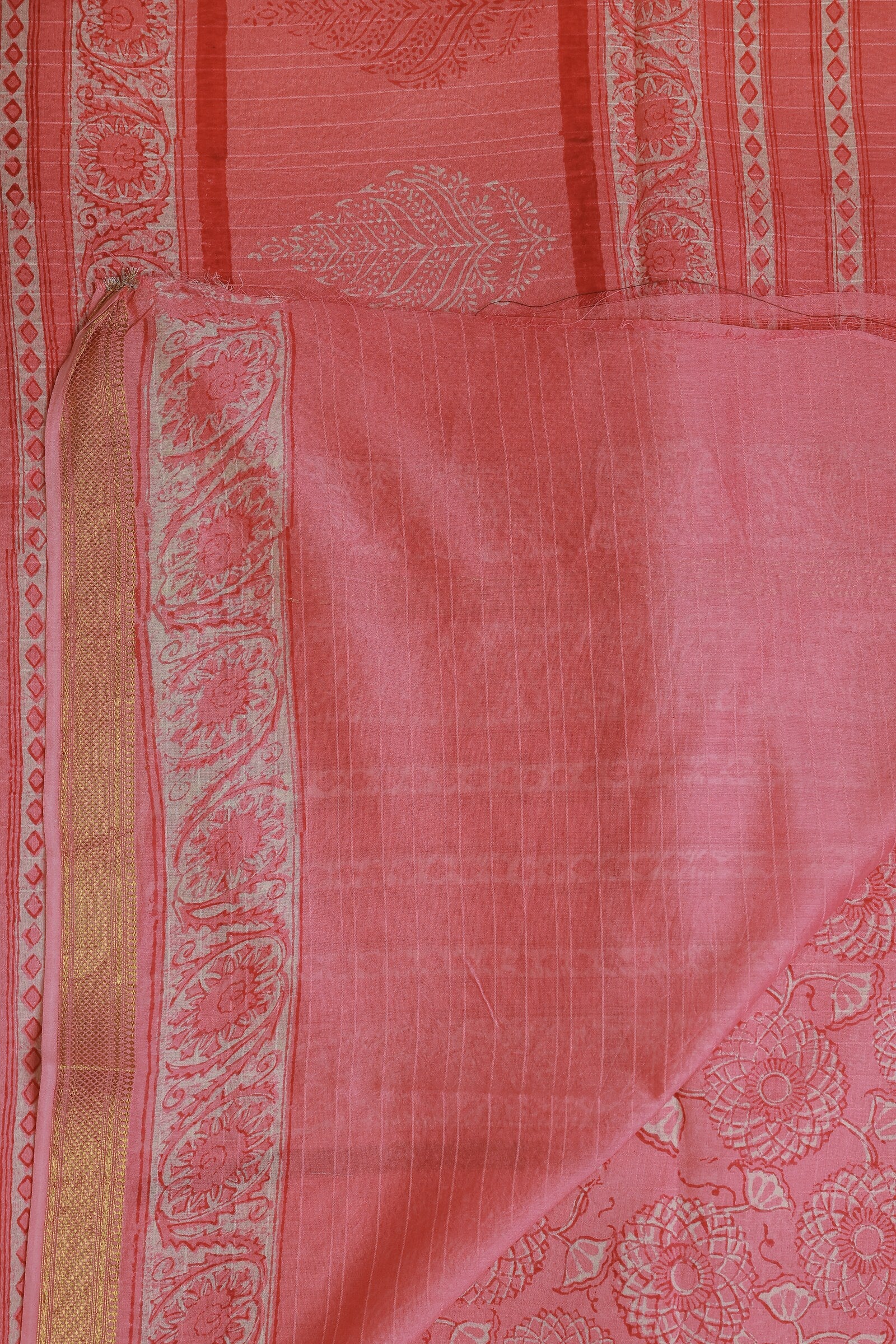 Pink Chanderi Floral Handblock Print Saree, folded saree view