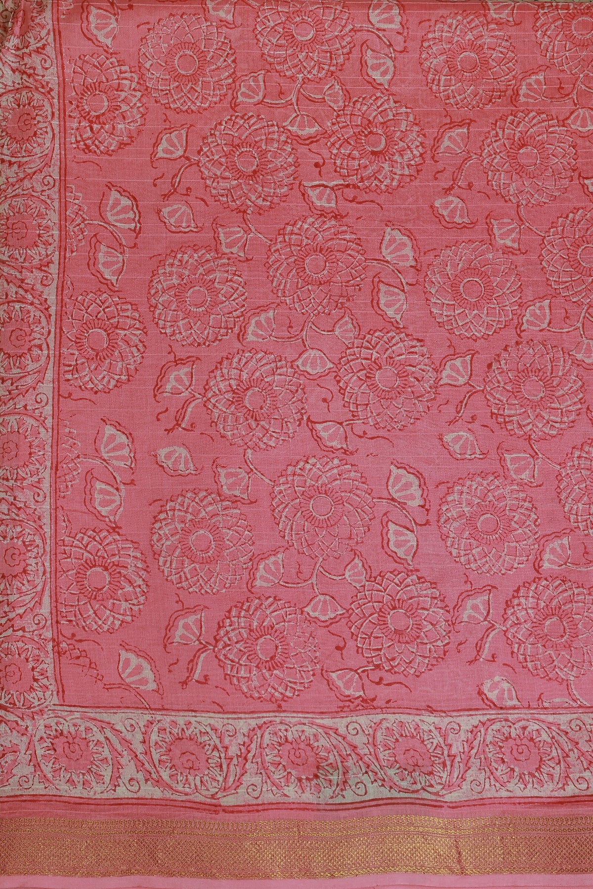 Pink Chanderi Floral Handblock Print Saree, fabric detail