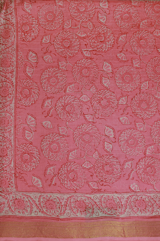 Pink Chanderi Floral Handblock Print Saree, fabric detail