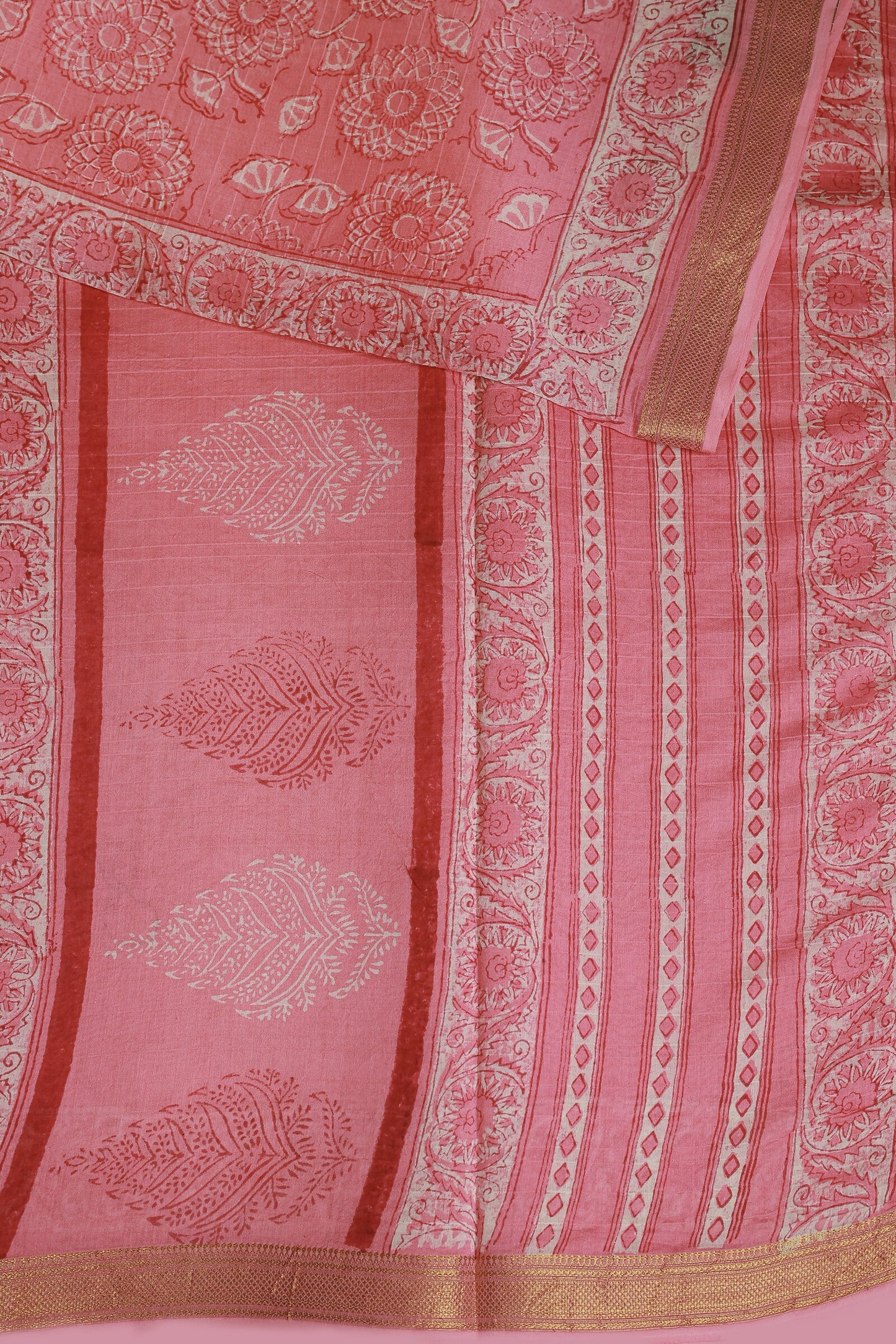 Pink Chanderi Floral Handblock Print Saree, design view 3