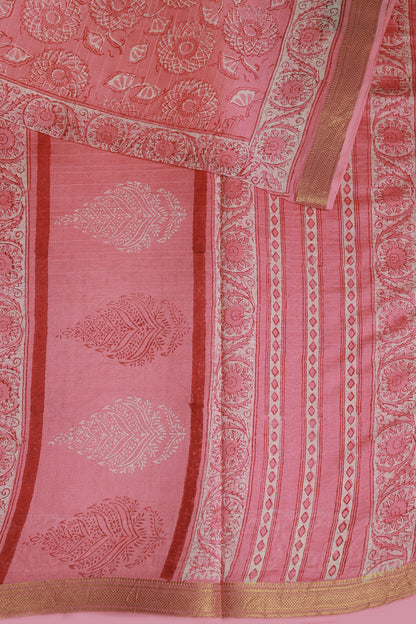 Pink Chanderi Floral Handblock Print Saree, design view 3