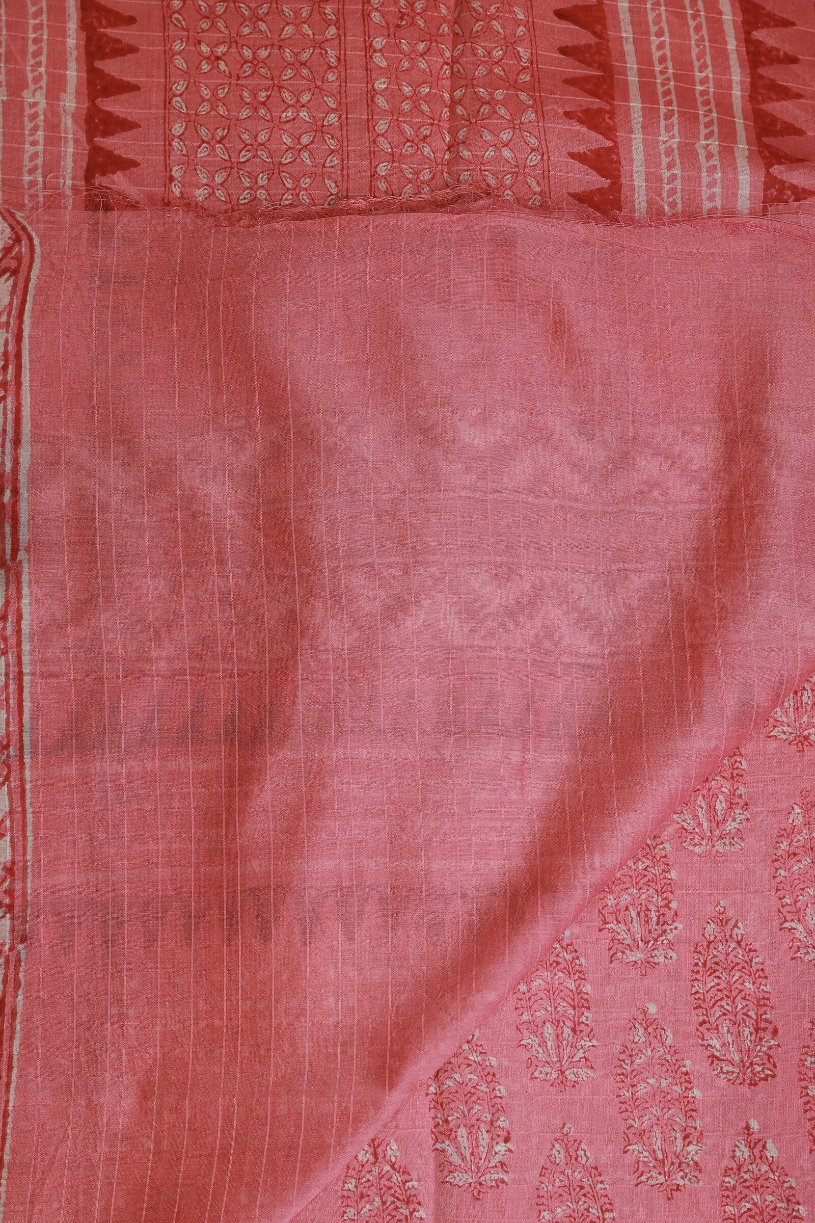 Pink Chanderi Handblock Print Saree With Zari Border, folded saree view
