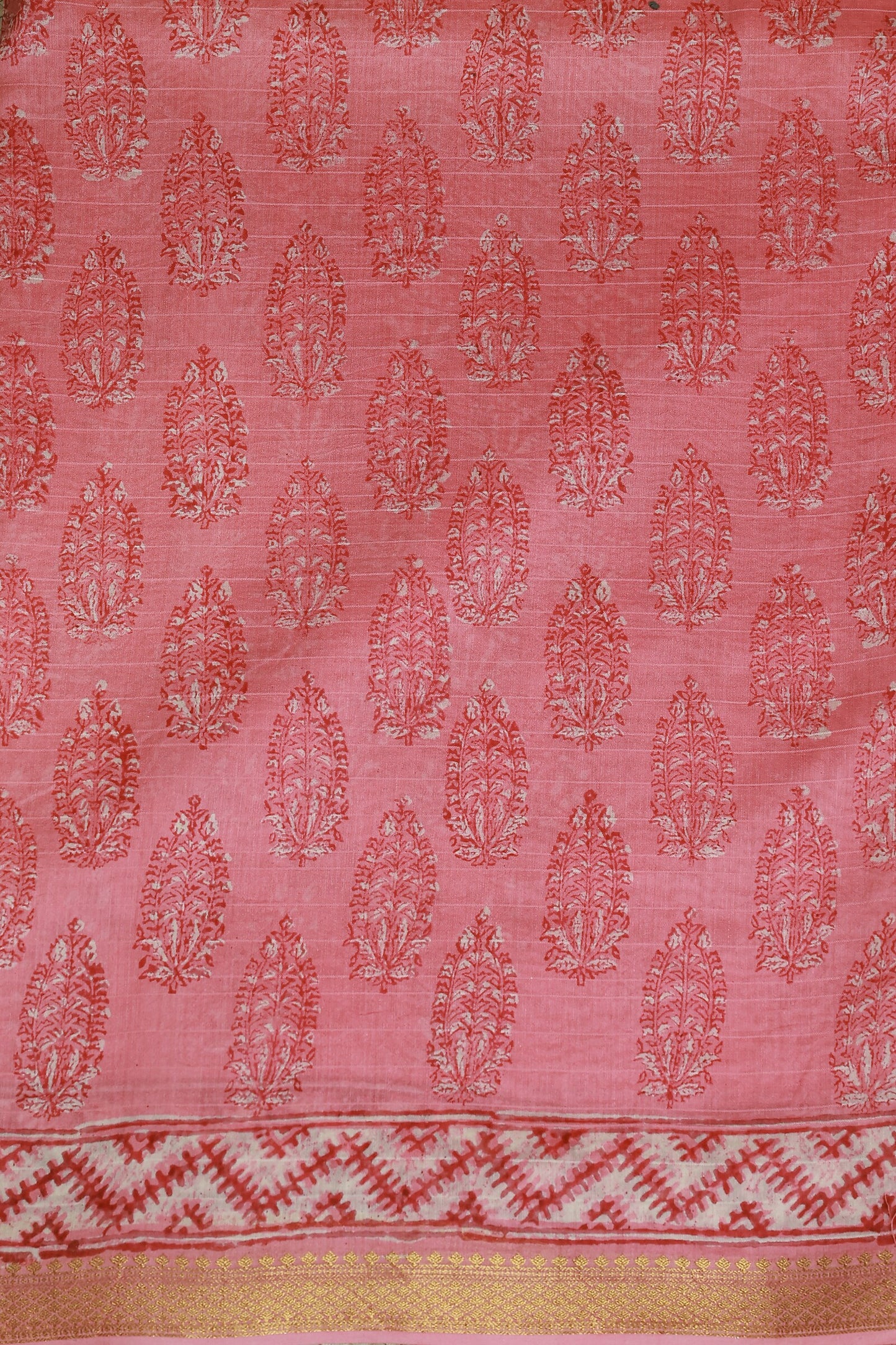Pink Chanderi Handblock Print Saree With Zari Border, fabric detail