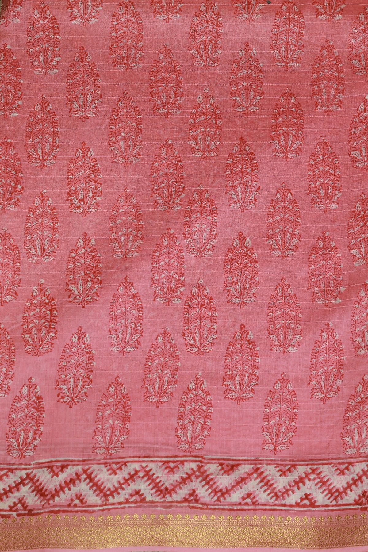 Pink Chanderi Handblock Print Saree With Zari Border, fabric detail