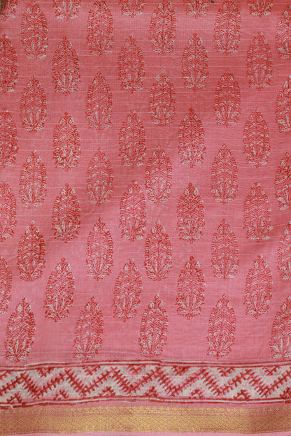 Pink Chanderi Handblock Print Saree With Zari Border, fabric detail