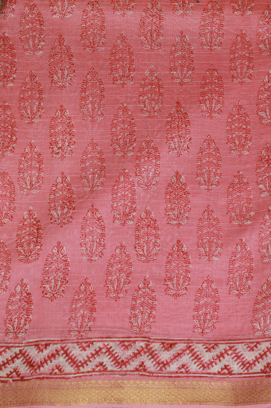 Pink Chanderi Handblock Print Saree With Zari Border, fabric detail