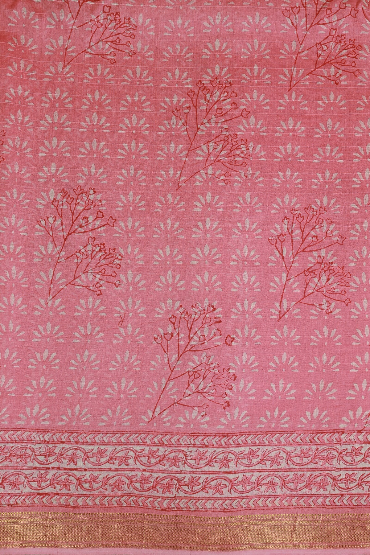 Pink Chanderi Silk Saree With Handblock And Zari Border, fabric detail