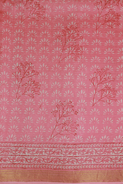Pink Chanderi Silk Saree With Handblock And Zari Border, fabric detail