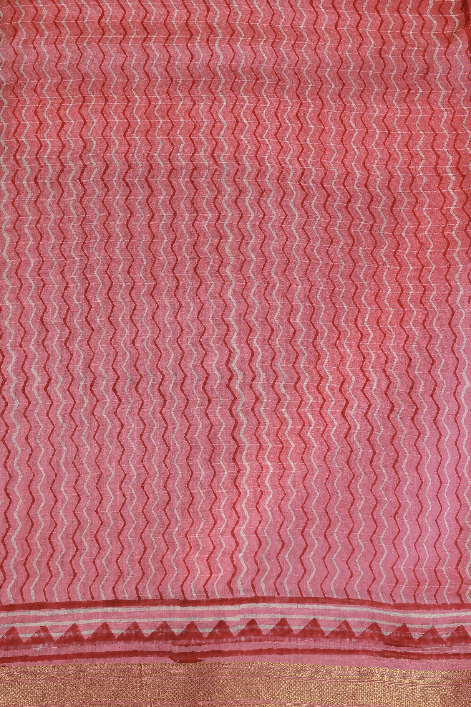 Pink Chanderi Zig Zag Handblock Print Saree With Zari Border, fabric detail
