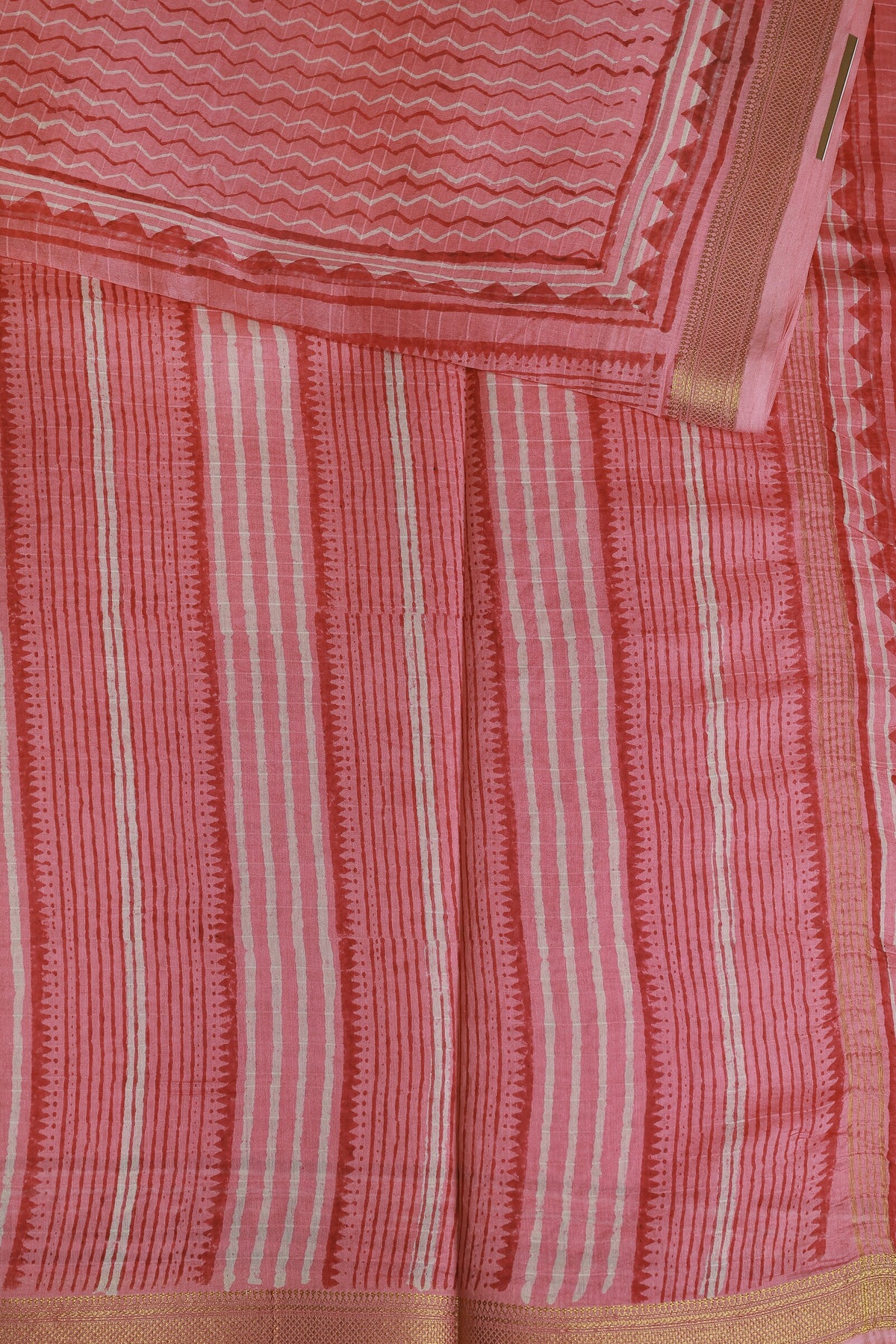 Pink Chanderi Zig Zag Handblock Print Saree With Zari Border, design view 3