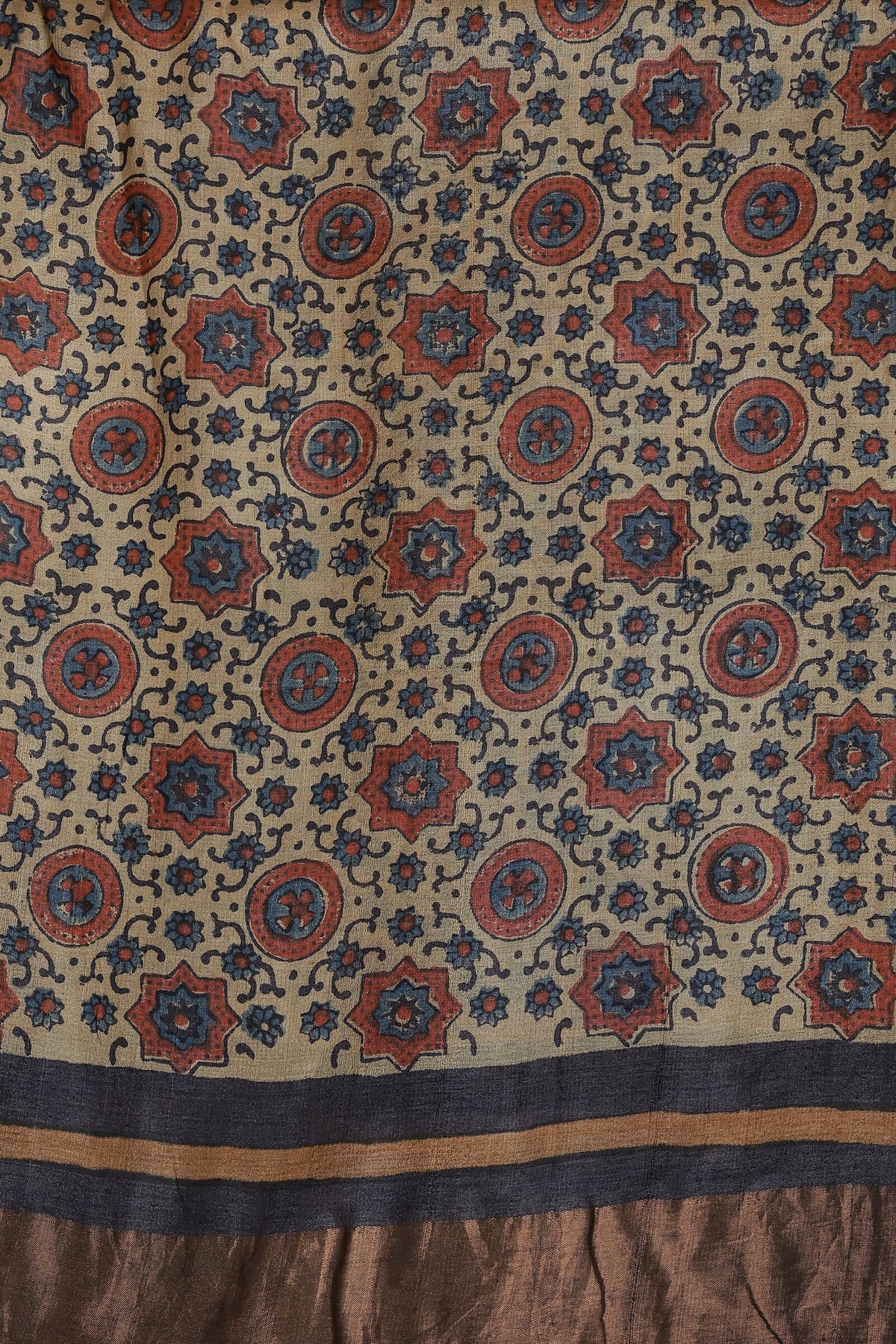 Pure Tussar Silk Saree With Handblock And Natural Dye With Zari Borders, fabric detail