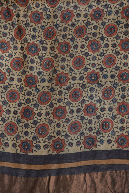 Pure Tussar Silk Saree With Handblock And Natural Dye With Zari Borders, fabric detail