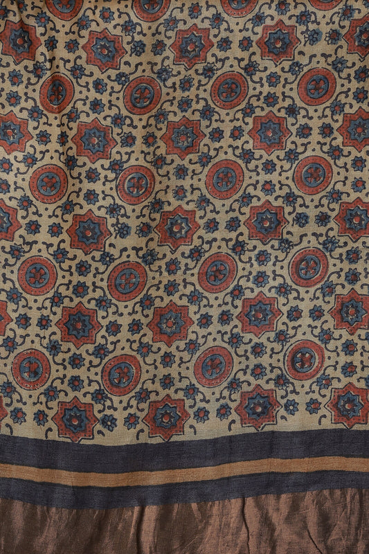 Pure Tussar Silk Saree With Handblock And Natural Dye With Zari Borders, fabric detail