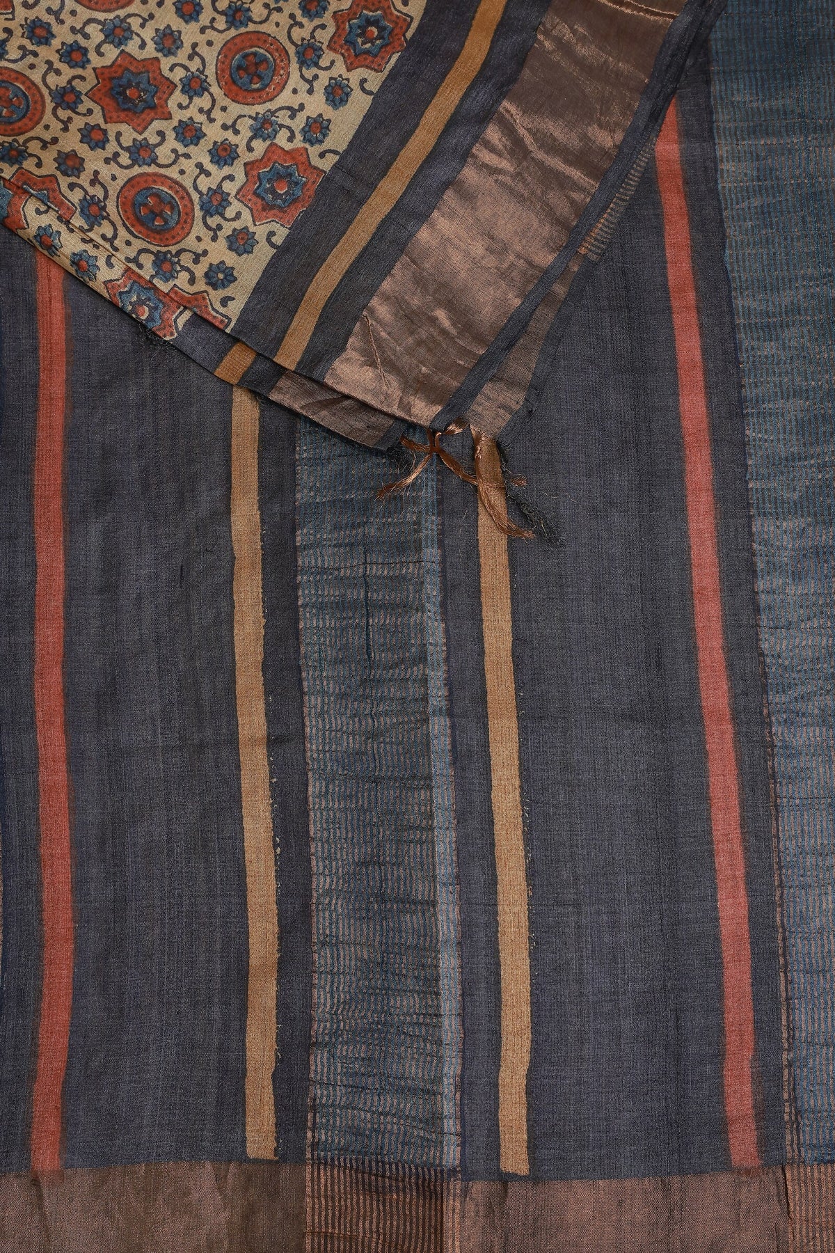 Pure Tussar Silk Saree With Handblock And Natural Dye With Zari Borders, design view 3