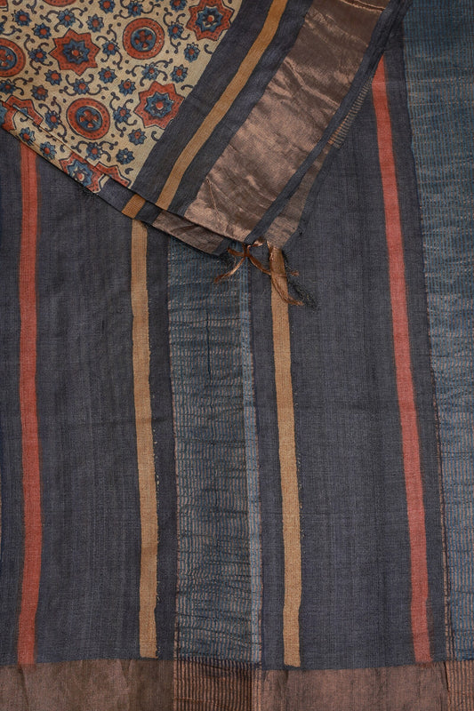 Pure Tussar Silk Saree With Handblock And Natural Dye With Zari Borders, design view 3