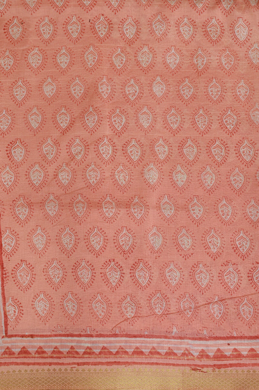Salmon Pink Chanderi Silk Saree With Golden Zari Borders, fabric detail