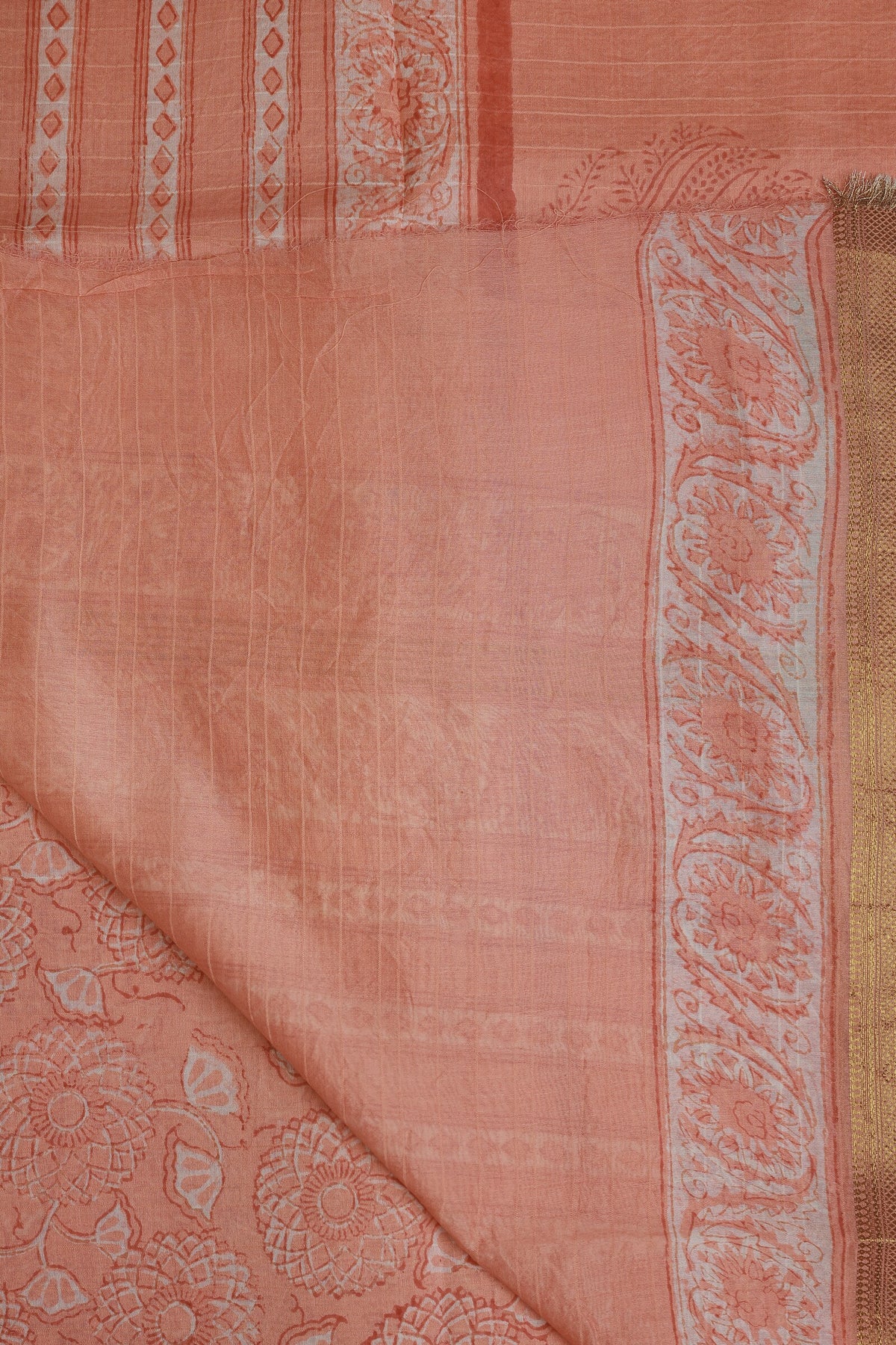 Salmon Shade Chanderi Handblock Print Saree With Zari Border, folded saree view