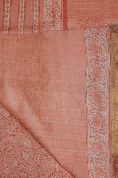 Salmon Shade Chanderi Handblock Print Saree With Zari Border, folded saree view