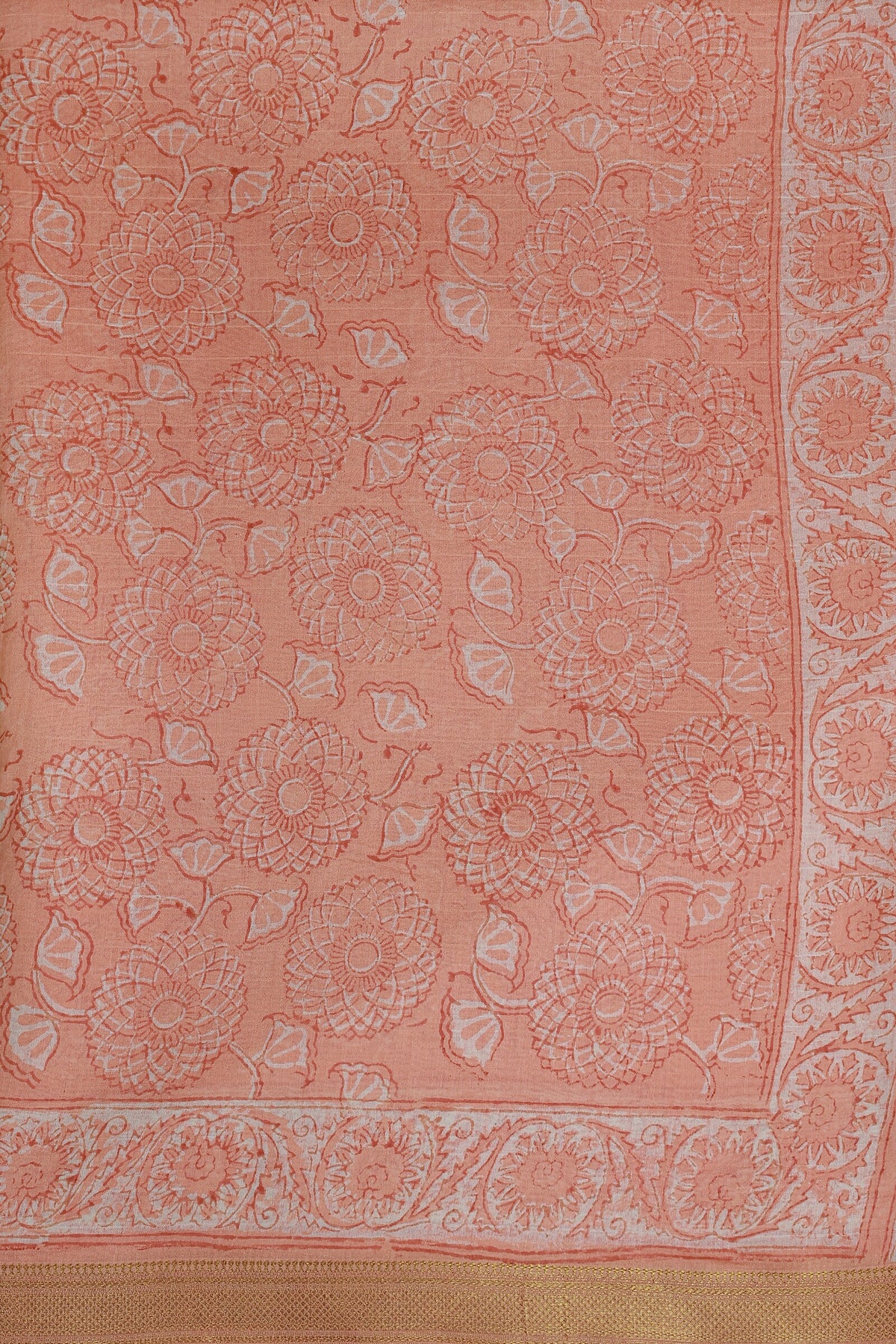 Salmon Shade Chanderi Handblock Print Saree With Zari Border, fabric detail