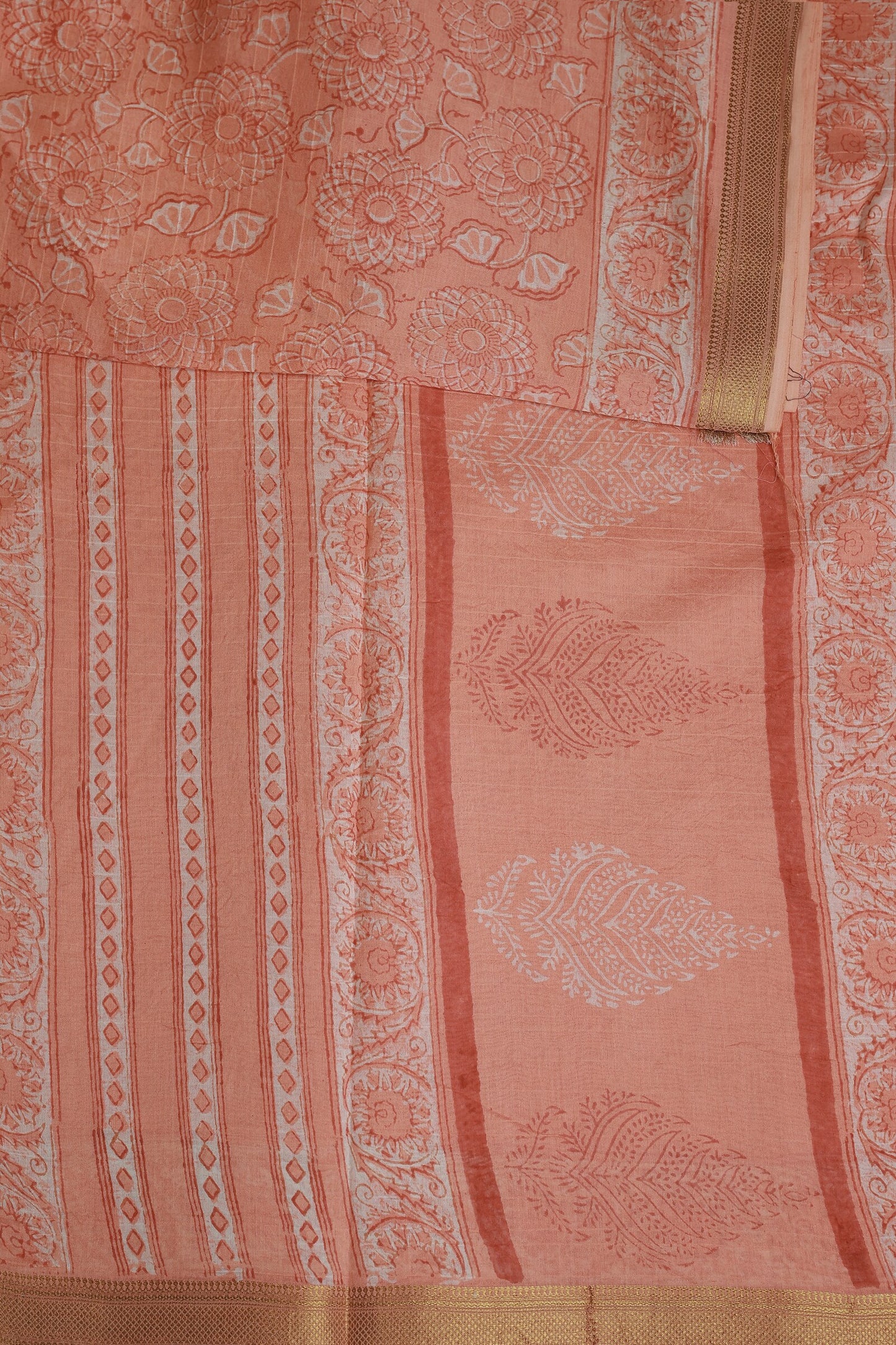 Salmon Shade Chanderi Handblock Print Saree With Zari Border, design view 3