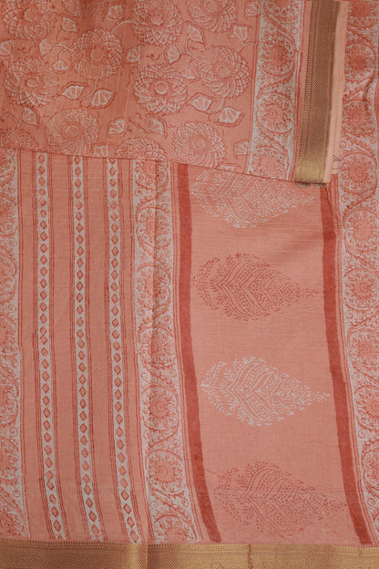 Salmon Shade Chanderi Handblock Print Saree With Zari Border, design view 3