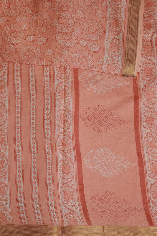 Salmon Shade Chanderi Handblock Print Saree With Zari Border, design view 3