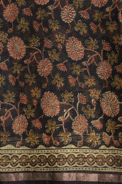 Silk Kota Coffee Brown And Orange Floral Handblock Saree With Black And Golden Zari Border, folded saree view
