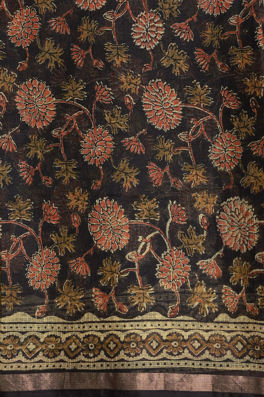 Silk Kota Coffee Brown And Orange Floral Handblock Saree With Black And Golden Zari Border, folded saree view