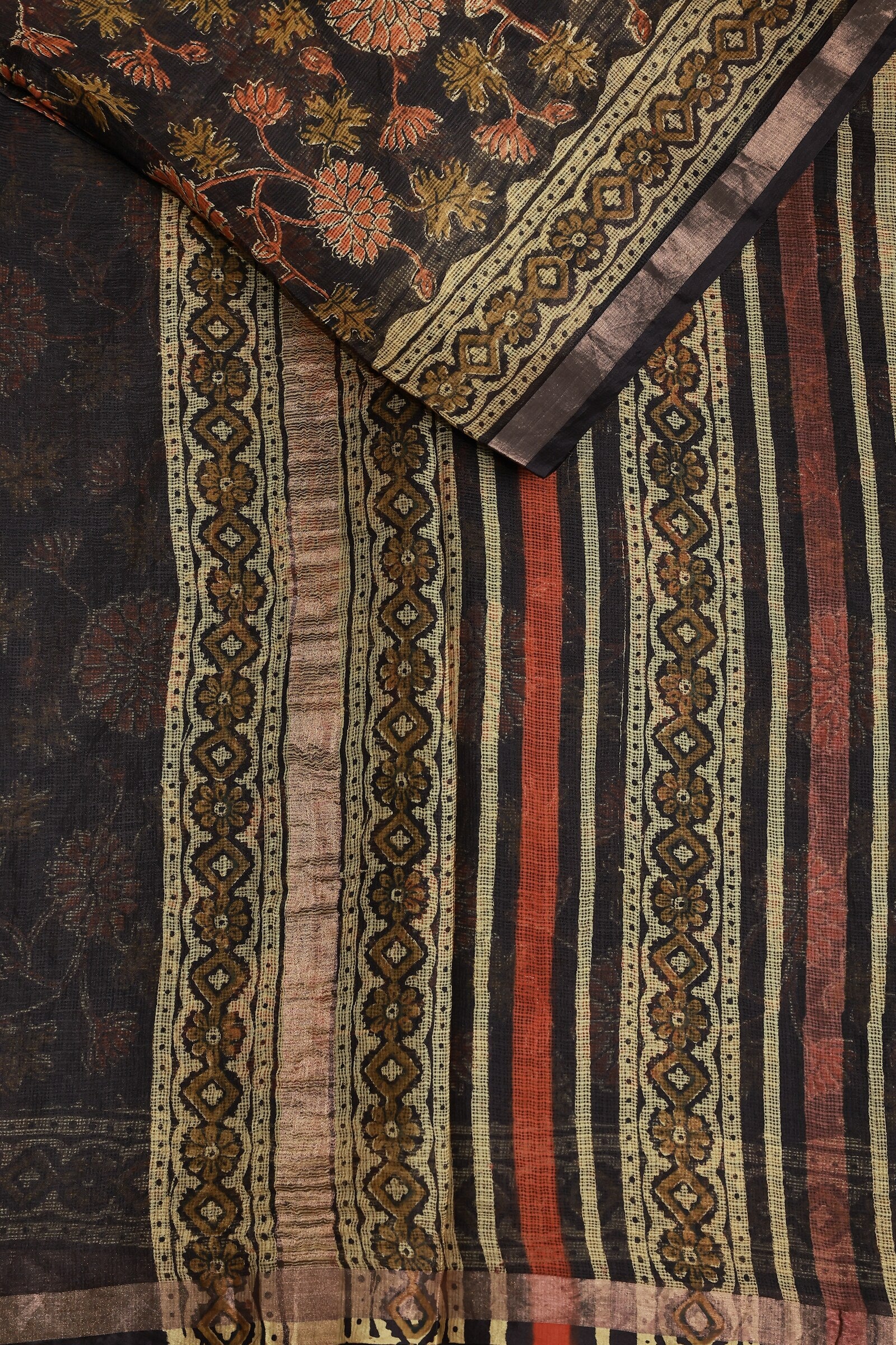 Silk Kota Coffee Brown And Orange Floral Handblock Saree With Black And Golden Zari Border, fabric detail