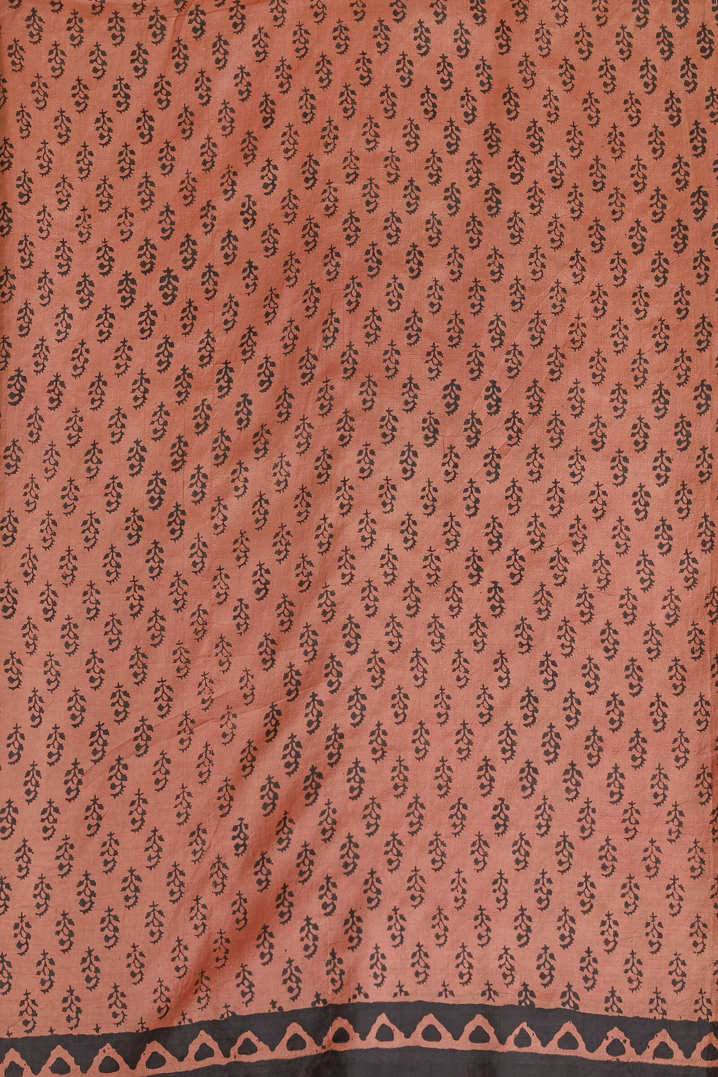 Soft Salmon Pink And Black Handblock Print Saree With Natural Dye, fabric detail