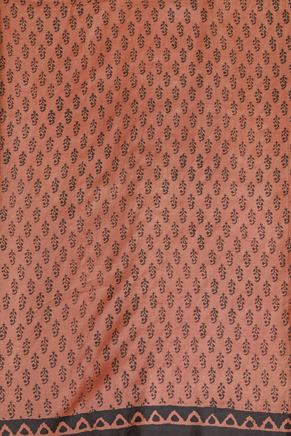 Soft Salmon Pink And Black Handblock Print Saree With Natural Dye, fabric detail