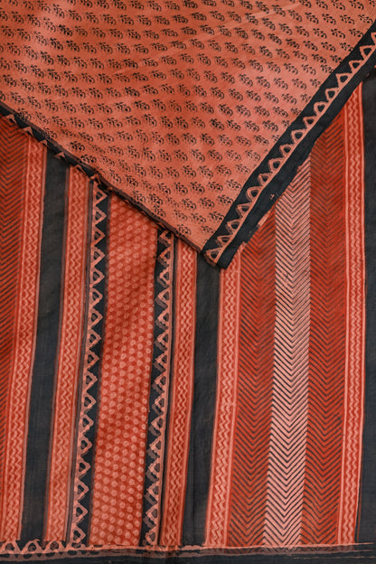 Soft Salmon Pink And Black Handblock Print Saree With Natural Dye, design view 3