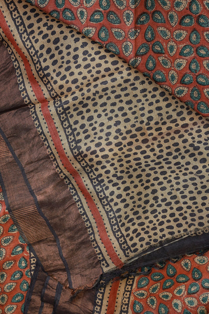 Terracotta Red Tussar Silk Saree With Natural Dye And Handblock, folded saree view