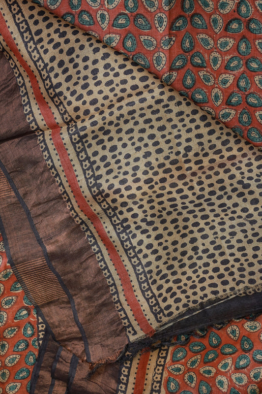 Terracotta Red Tussar Silk Saree With Natural Dye And Handblock, folded saree view