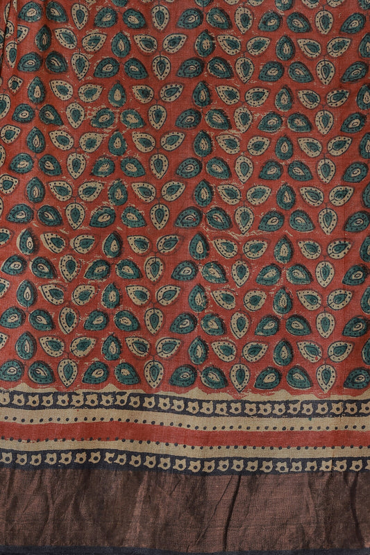 Terracotta Red Tussar Silk Saree With Natural Dye And Handblock, fabric detail