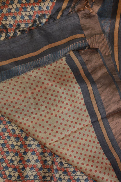Tussar Silk Handblock Print Saree With Golden Zari Border, Red And Blue Triangle Polka Dots, And Natural Dye, folded saree view