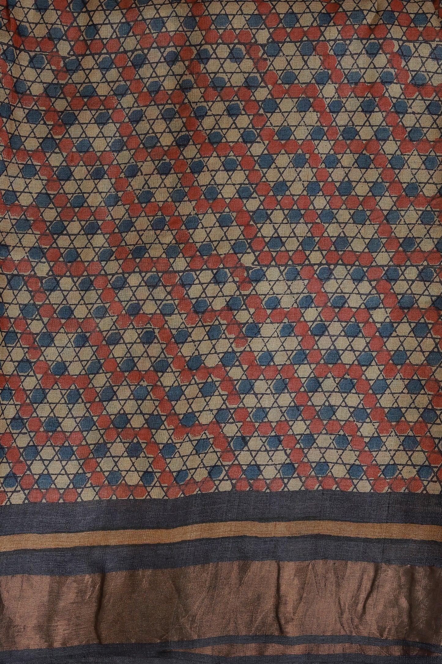 Tussar Silk Handblock Print Saree With Golden Zari Border, Red And Blue Triangle Polka Dots, And Natural Dye, fabric detail