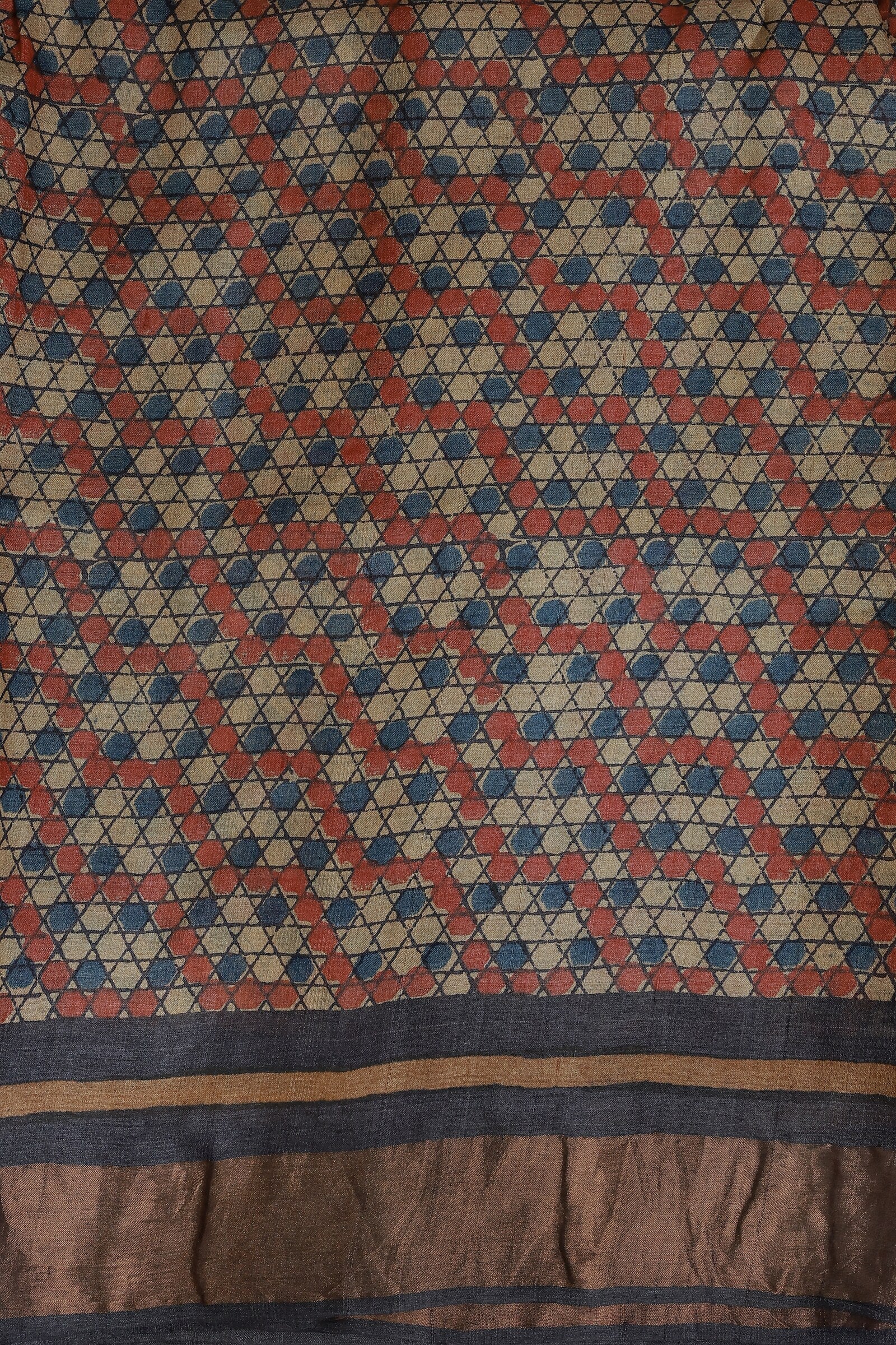 Tussar Silk Handblock Print Saree With Golden Zari Border, Red And Blue Triangle Polka Dots, And Natural Dye, fabric detail
