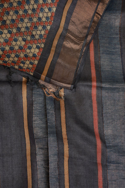 Tussar Silk Handblock Print Saree With Golden Zari Border, Red And Blue Triangle Polka Dots, And Natural Dye, design view 3