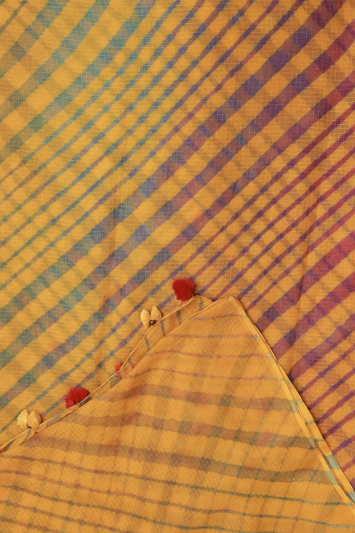 Yellow And Purple Lahariya Saree, folded saree view