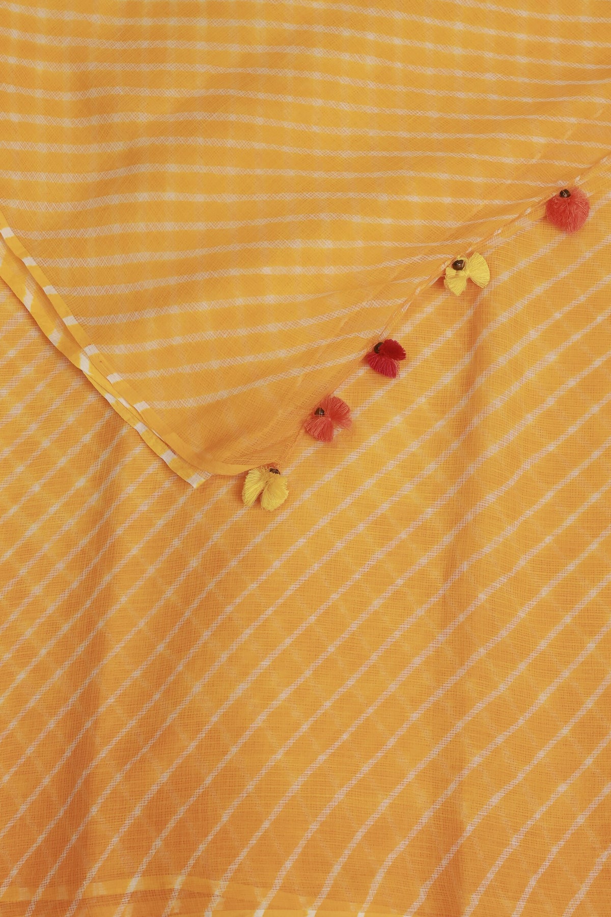 Yellow And White Kota Doria Lahariya Saree, folded saree view