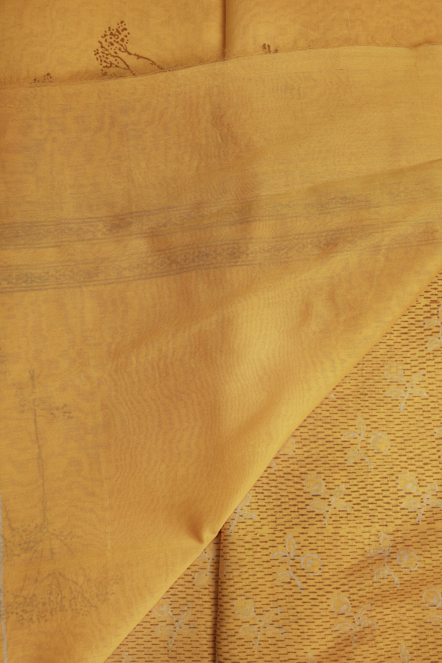 Yellow Chanderi Handblock Print Saree With Zari Border, folded saree view