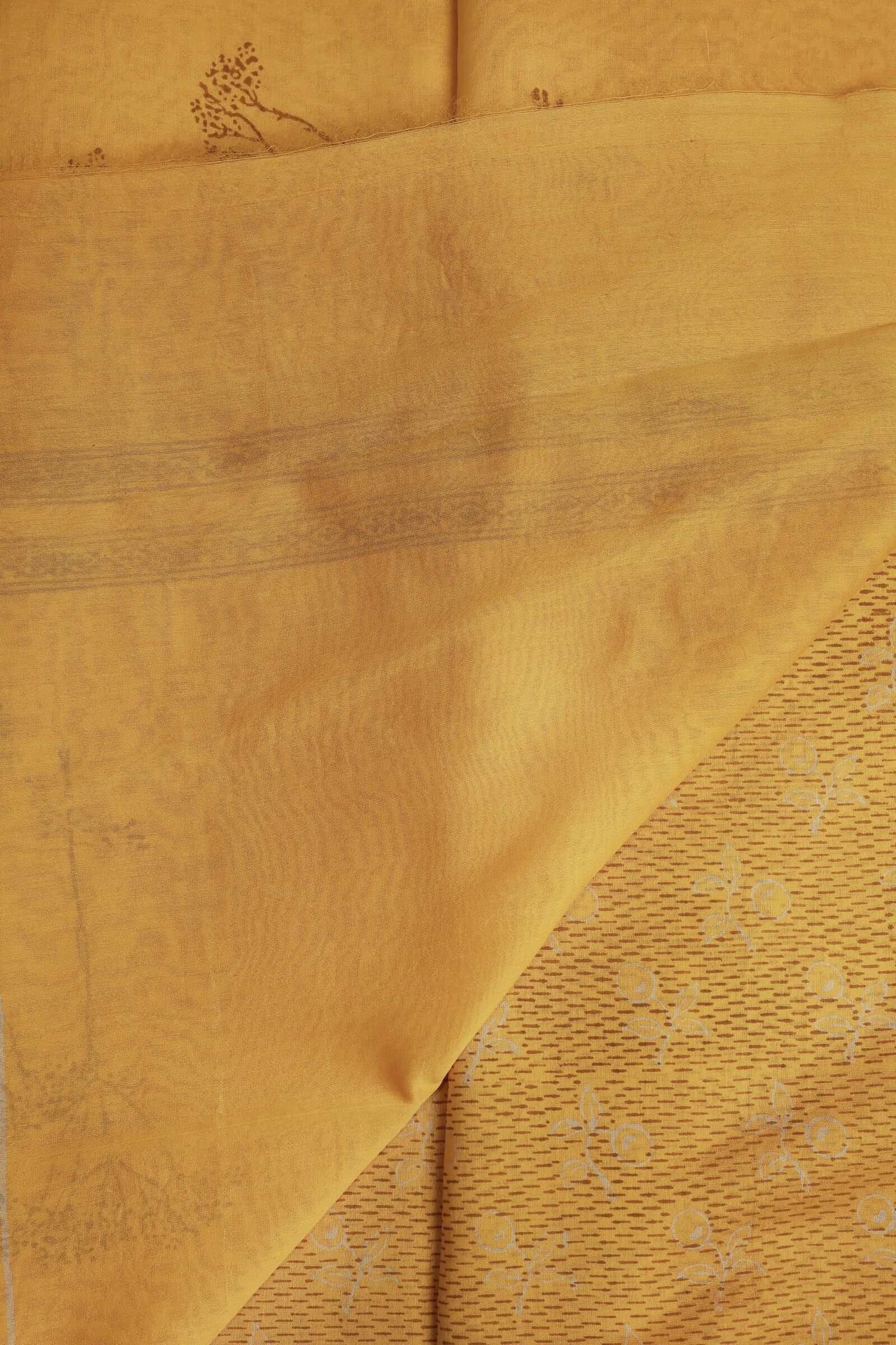 Yellow Chanderi Handblock Print Saree With Zari Border, folded saree view