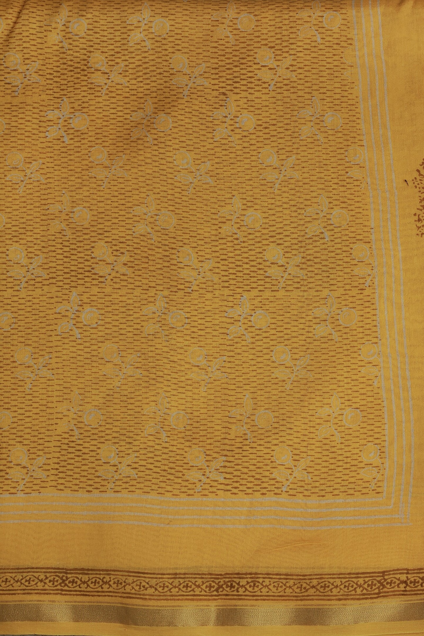 Yellow Chanderi Handblock Print Saree With Zari Border, fabric detail