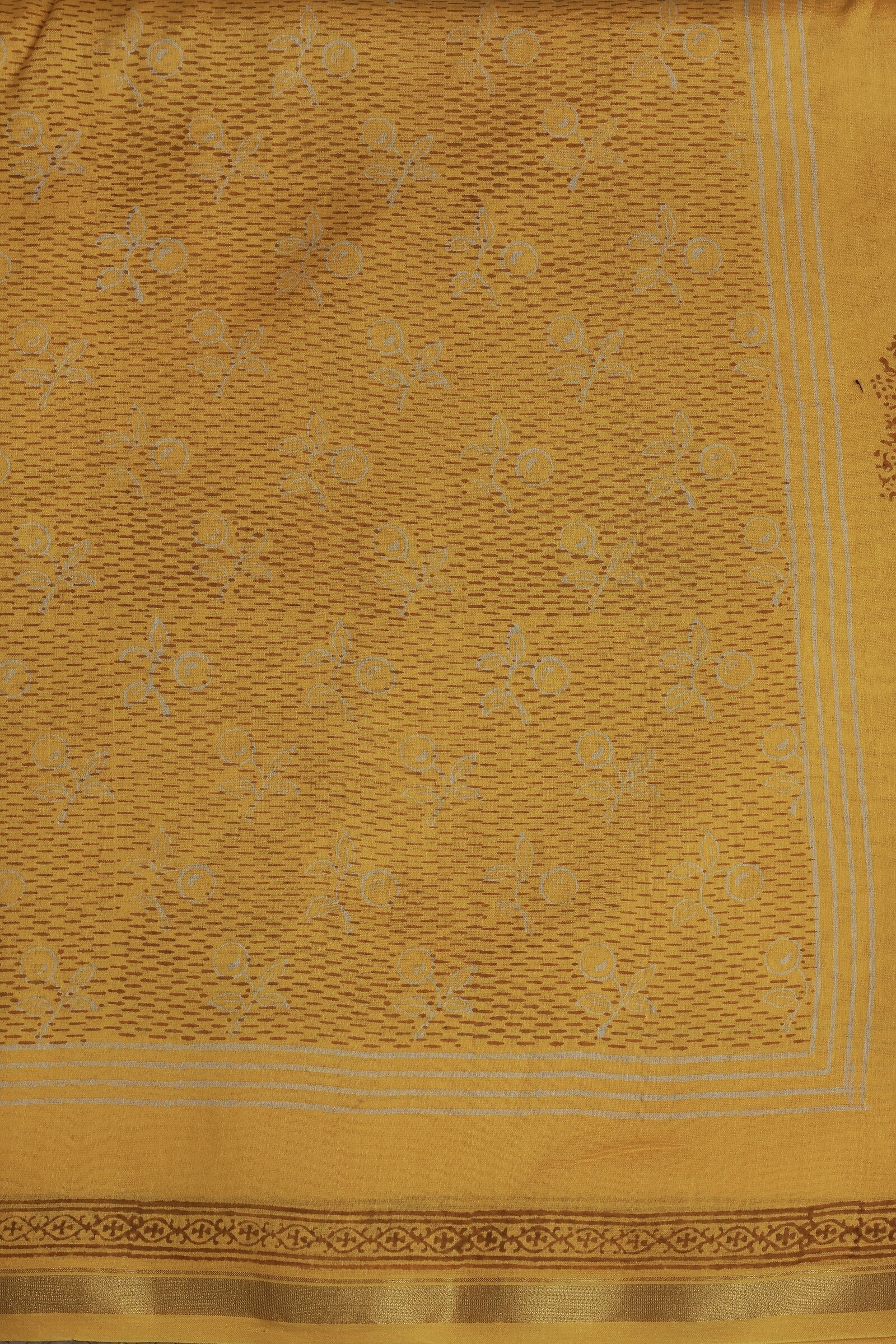 Yellow Chanderi Handblock Print Saree With Zari Border, fabric detail