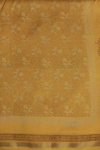 Yellow Chanderi Handblock Print Saree With Zari Border, fabric detail
