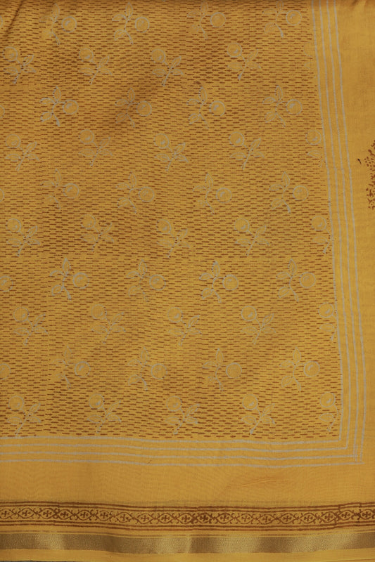 Yellow Chanderi Handblock Print Saree With Zari Border, fabric detail