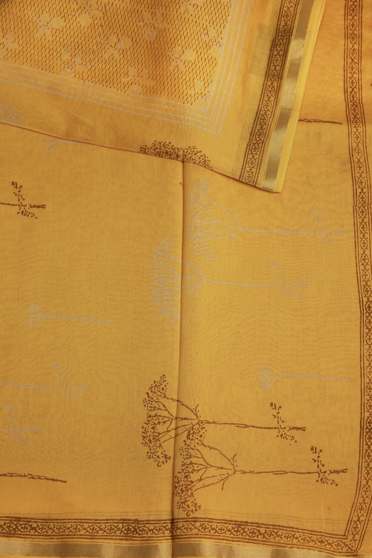 Yellow Chanderi Handblock Print Saree With Zari Border, design view 3
